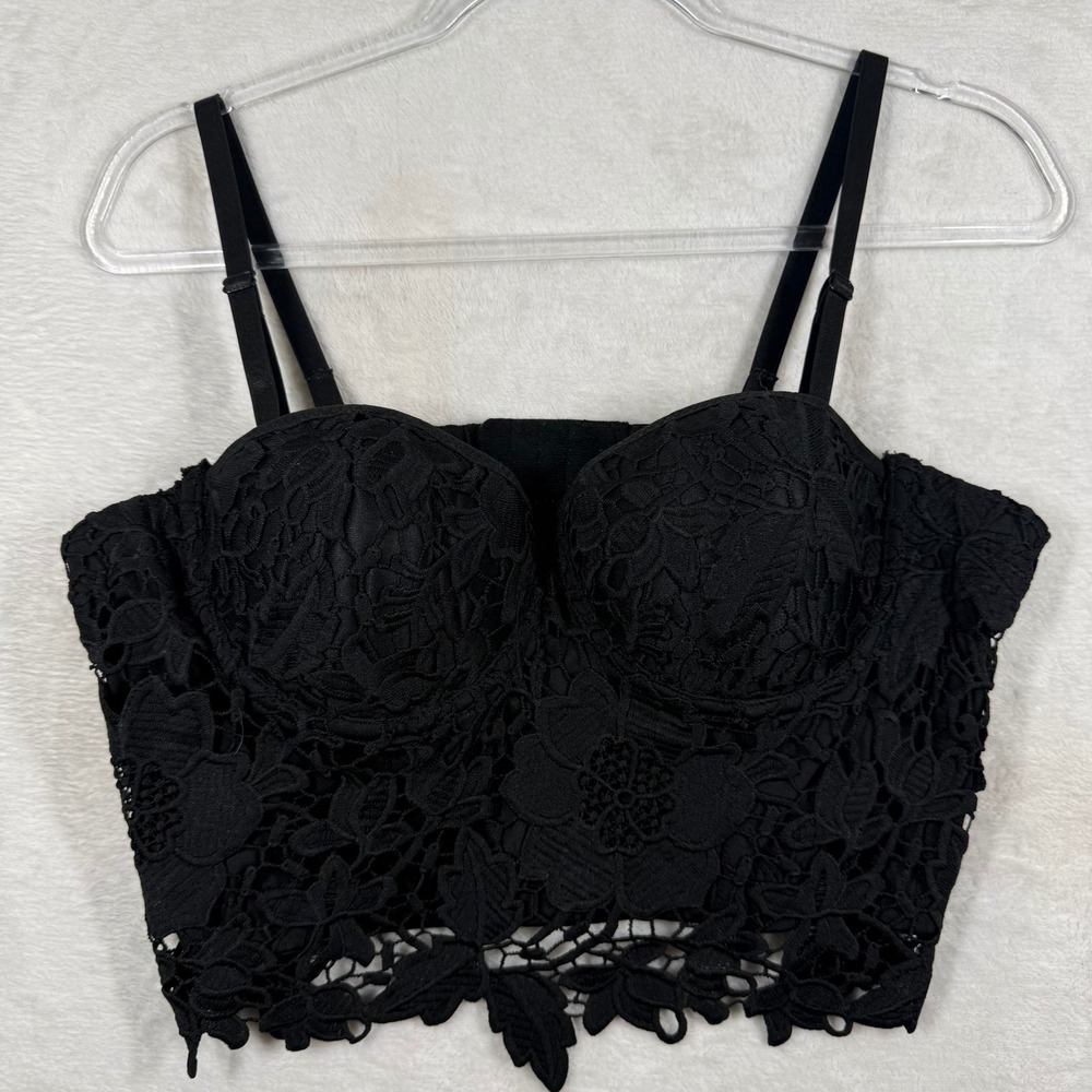 Black Floral Lace Bustier Crop Top Sweetheart Padded Hook Eye Back 2XL